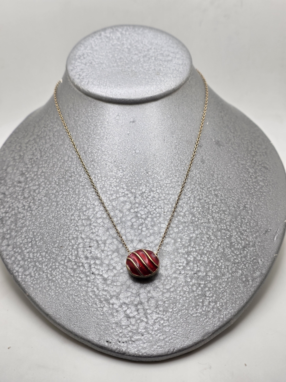Avon Gold-Tone Chain Necklace with Red Enamel Striped Pendant